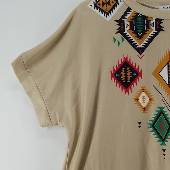 Misslook Tee Shirt Women's Medium Short Sleeve Olive Green Beige Medallion Print - Picture 3 of 9